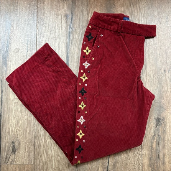 J. McLaughlin Red Maroon Corduroy Pants Star Embroidery Straight Leg Size 4 Boho - Picture 2 of 13